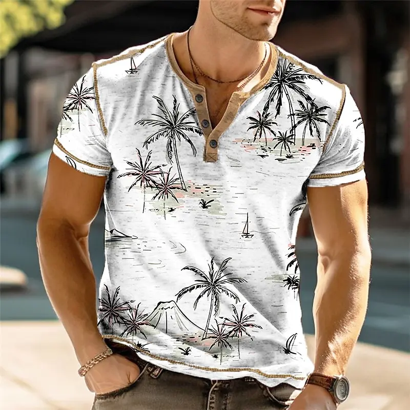 Hawaiian Coconut Tree 3D Printed Men's Henry T Shirts Fashion Button Short Sleeve Retro Tops Summer Casual Loose Street Clothing