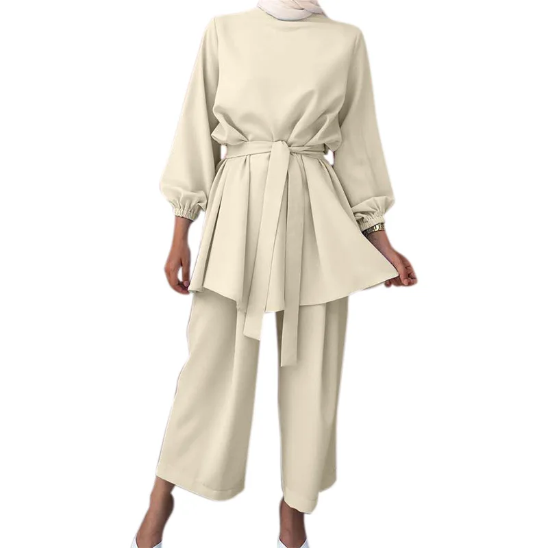 Ramadan Muslim Set Belted Suit Women Islam Clothing Turkey Dubai Abaya Kaftan Dress Outfits Tops Pant Femme Musulmane Ensembles