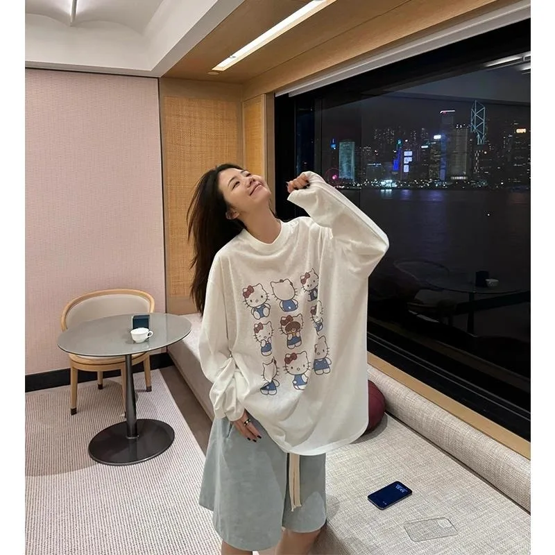 

MINISO Hello Kitty корейская футболка с длинными рукавами и круглым вырезом, милый топ с графическим принтом, быстросохнущие повседневные белые футболки, топы большого размера для девочек