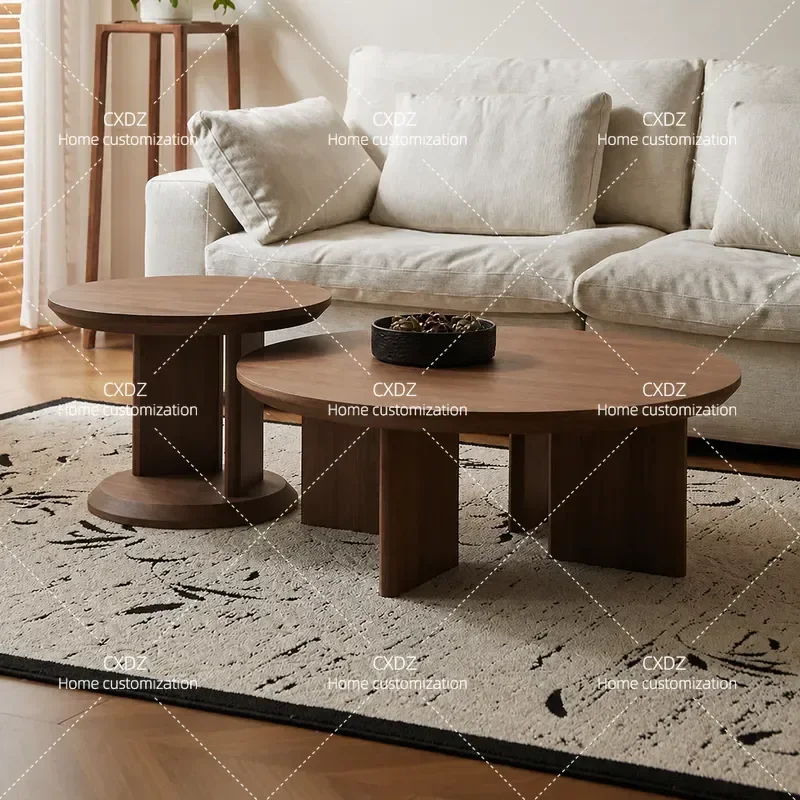 Medieval Wabi Sabi Round Coffee Table Black Walnut Solid Wood Small Side Table Simple Modern Living Room Corner End Table for