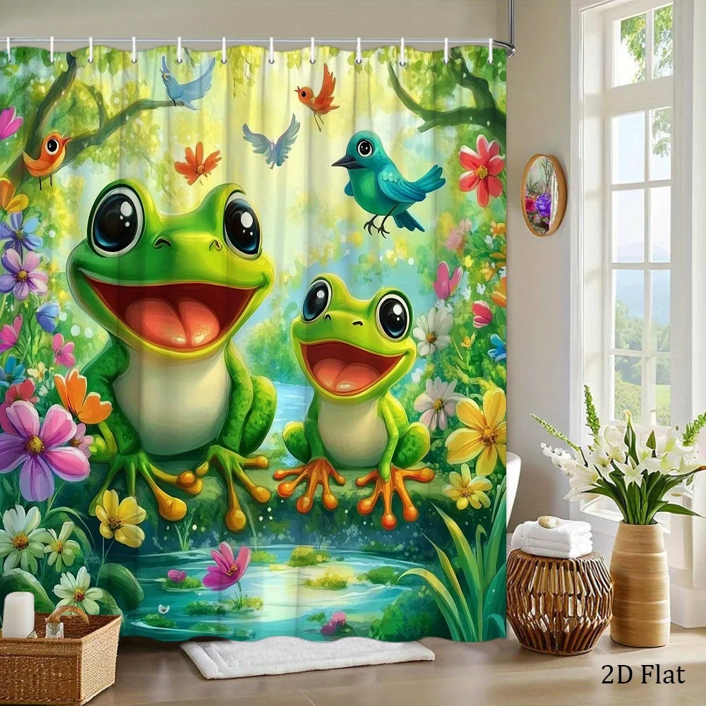 2D Flat, 2D Flat, 1pc of Playful Frog Shower Curtain for The Garden Featuring Joyful Frogs Surrounded by Colorful Flowers And Bi