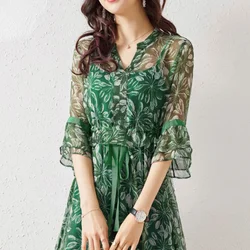 Floral Silk Dress Vintage Dress V-neck Sexy Summer Dress Women Clothing Green Elegant Suspender Dresses Vestidos De Mujer Zm635