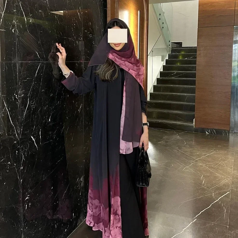 Ensemble Abaya et Hijab en Mousseline de Soie pour Femme Musulmane, Vêtements Islamiques Imprimés, Dubaï, Turquie, Kimono, Kaftan