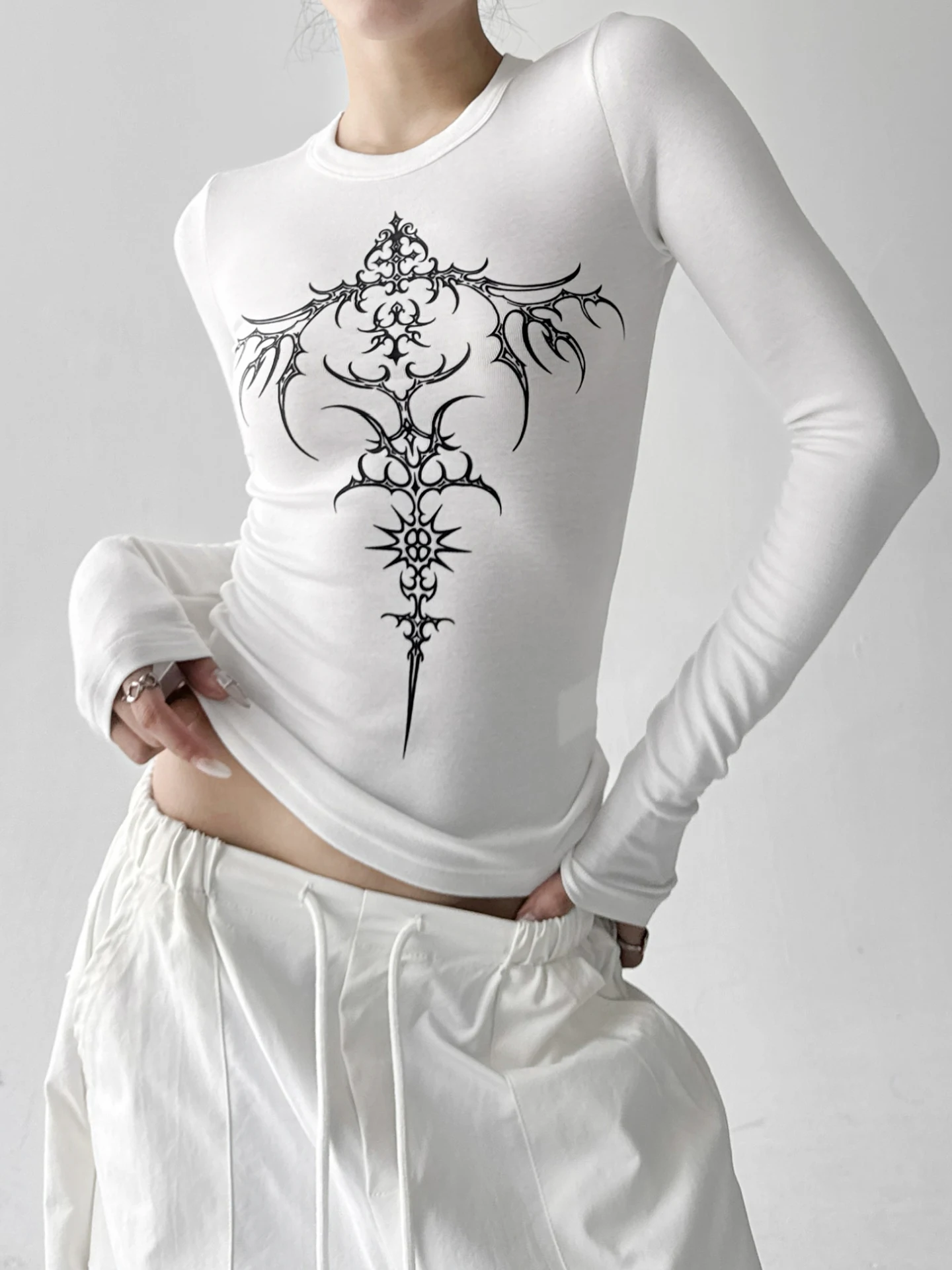 American High Street Spicy Girl Cross White ort Sve T-irt Women's Autumn Winter Slimming Waist-Cinching Top