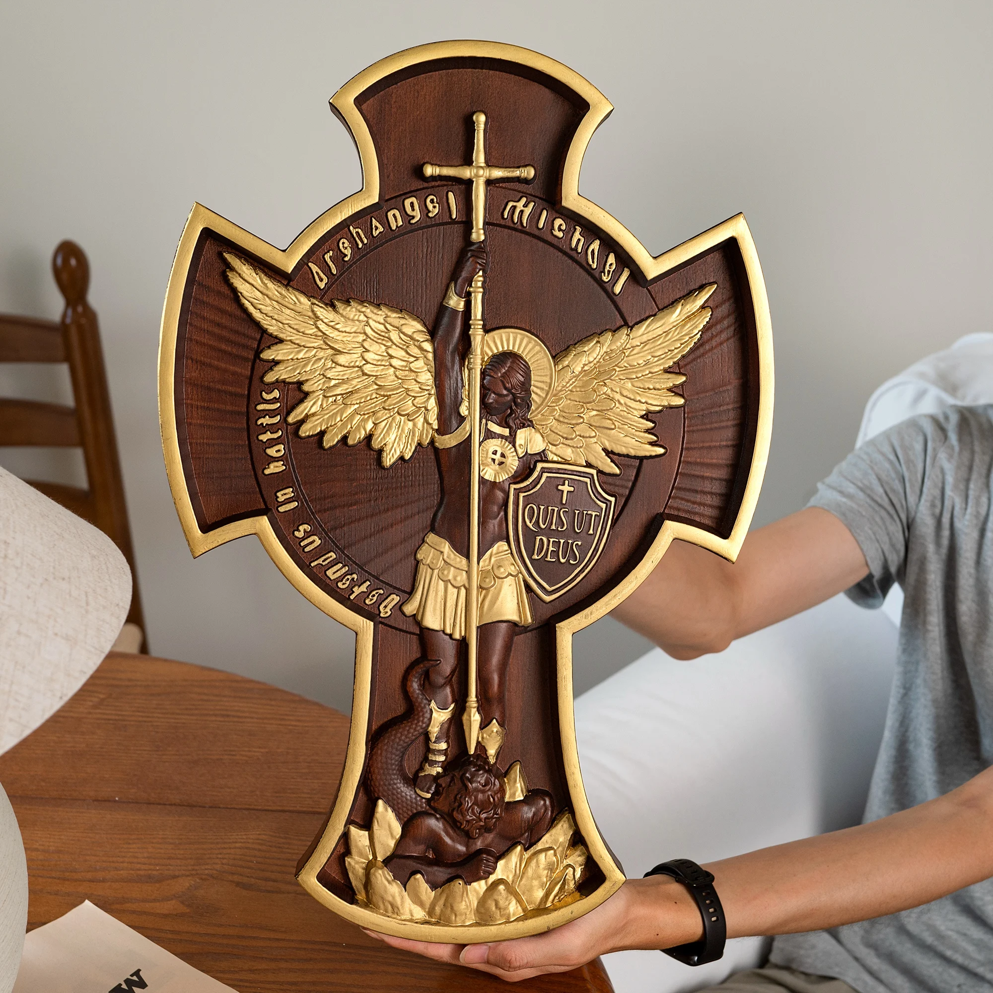 

Saint Michael Archangel Cross Statue Patron Saint, Religious Figure, Home Wall Decor, Wooden Christian Gift