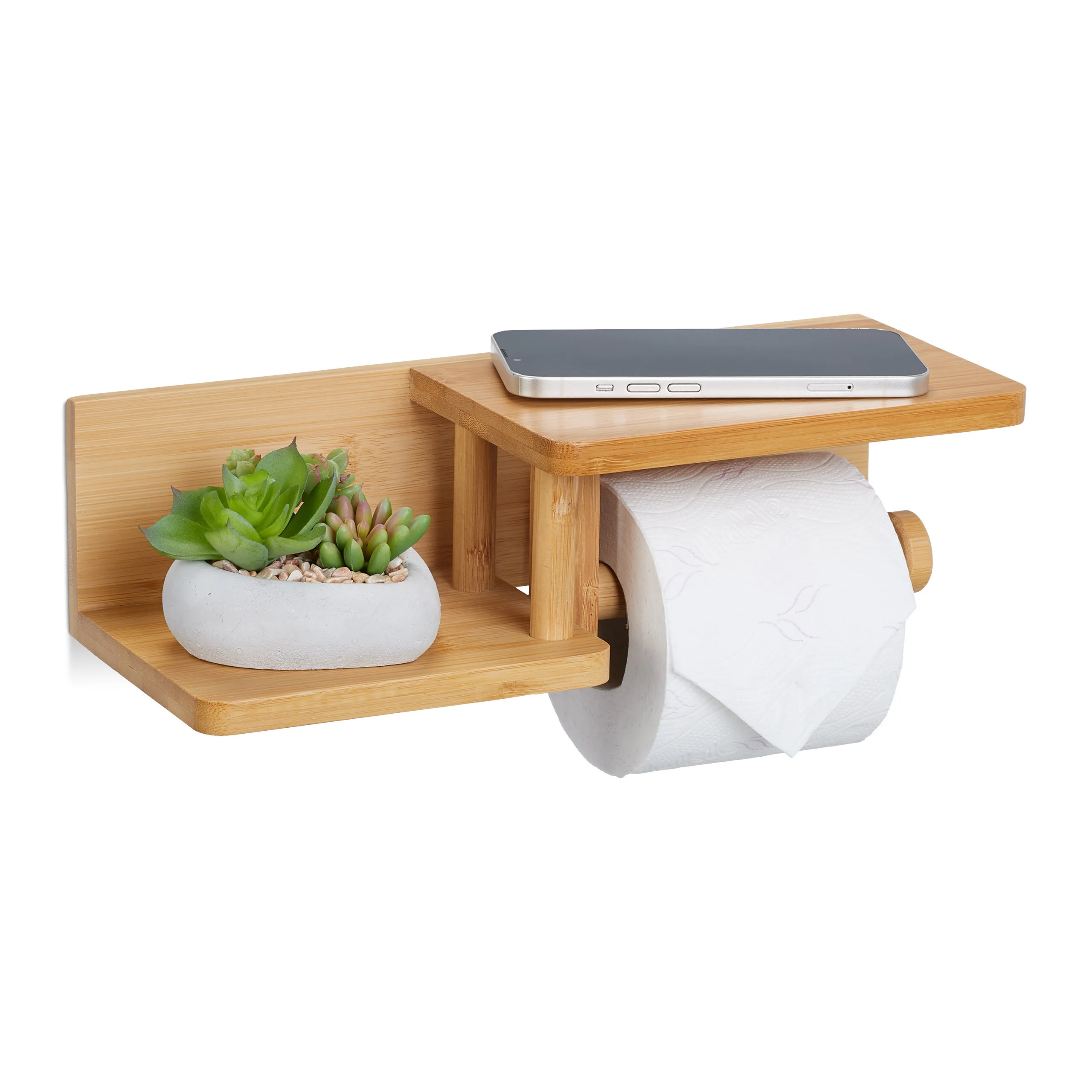 Toilettenpapierhalter mit 2 Ablagen, für Bad und Gäste-WC, Bambus, wandmontiert, Klebepads, natur, 31 x 12,5 x 9 cm, WC-Halter, Relaxdays