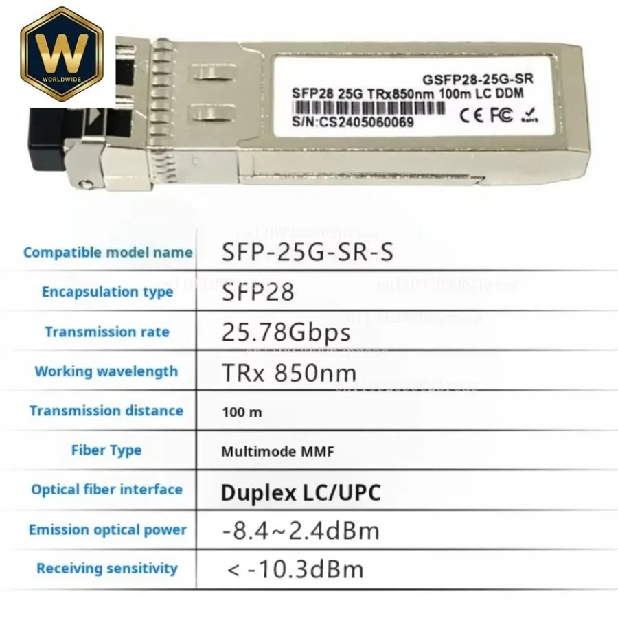 SX For Cisco 25G SFP28 SFP+ Transceiver, 25GBase-SR Module 850nm MMF, Up To 100m, Compatible with SFP-25G-SR-S