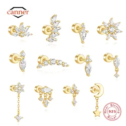 CANNER 1PC Crown Horse Eye Flower Geometric Zircon Flat Head Threaded Puncture Stud Ins 925 Sterling Silver Trinket Studs Aretes