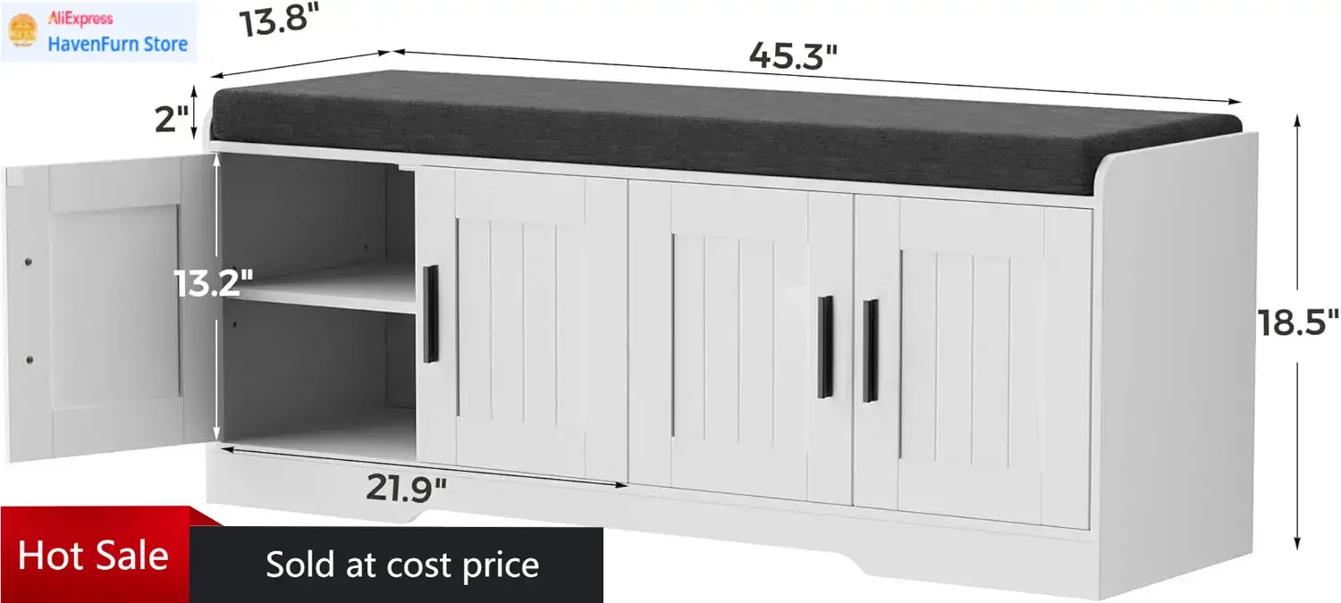 

Скамья для хранения вещей с 2 ярусами, скамья для обуви с утолщенной мягким сиденьем, скамья для прихожей с 4 дверцами, регулируемая полка