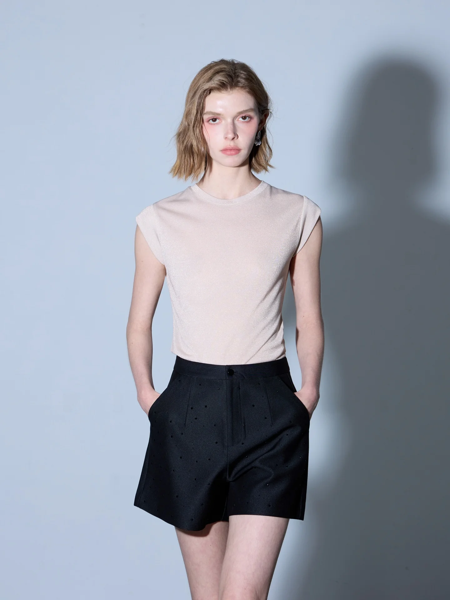 Finocci High Waist Straight Leg Suit Shorts Elegant Versatile Commute Ready Polyester Fiber Non-Stretch Diamond Embellished
