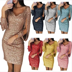 Women Sequin Dress Glitter Sparkle Sexy Deep V Neck Short Dress Above Knee Length Long Tassel Sleeve