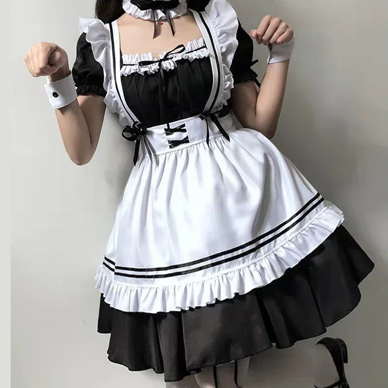 Japanese Anime Cosplay Costumes Black Cute Lolita Maid Outfit Girls Women Lovely Maid Apron Dress Halloween Role Play Costumes D