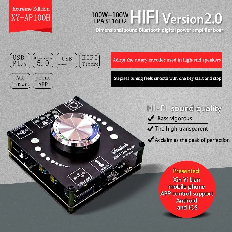 AP100H 100WX2 Bluetooth-compatible 5.0 Stereo Amplifier Board Module AUX USB Sound Card Digital Power Amp Amplificador