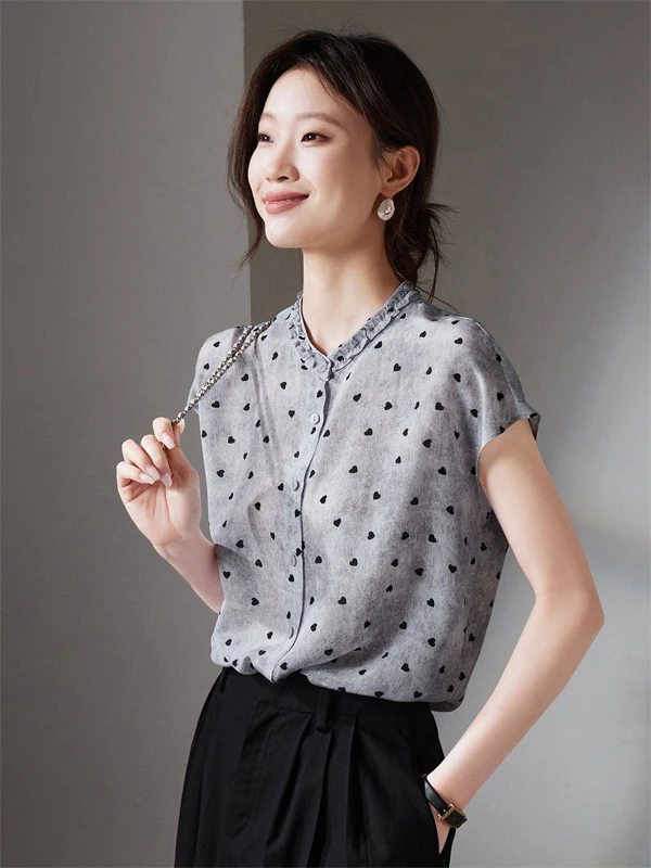 

Elegant Polka Dot Short Sleeve Shirt Women's Casual Summer New Style Wooden Collar Slimming Top Fashionable And Breathable