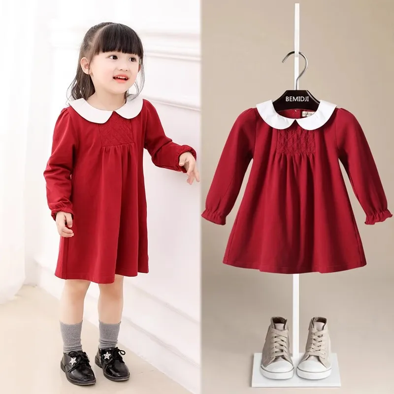 Autumn Spring Baby Girl Party Dress Long Sleeved Cotton Chest Embroidery Red Baby Kids Princess Dress Christmas Sister Clothing