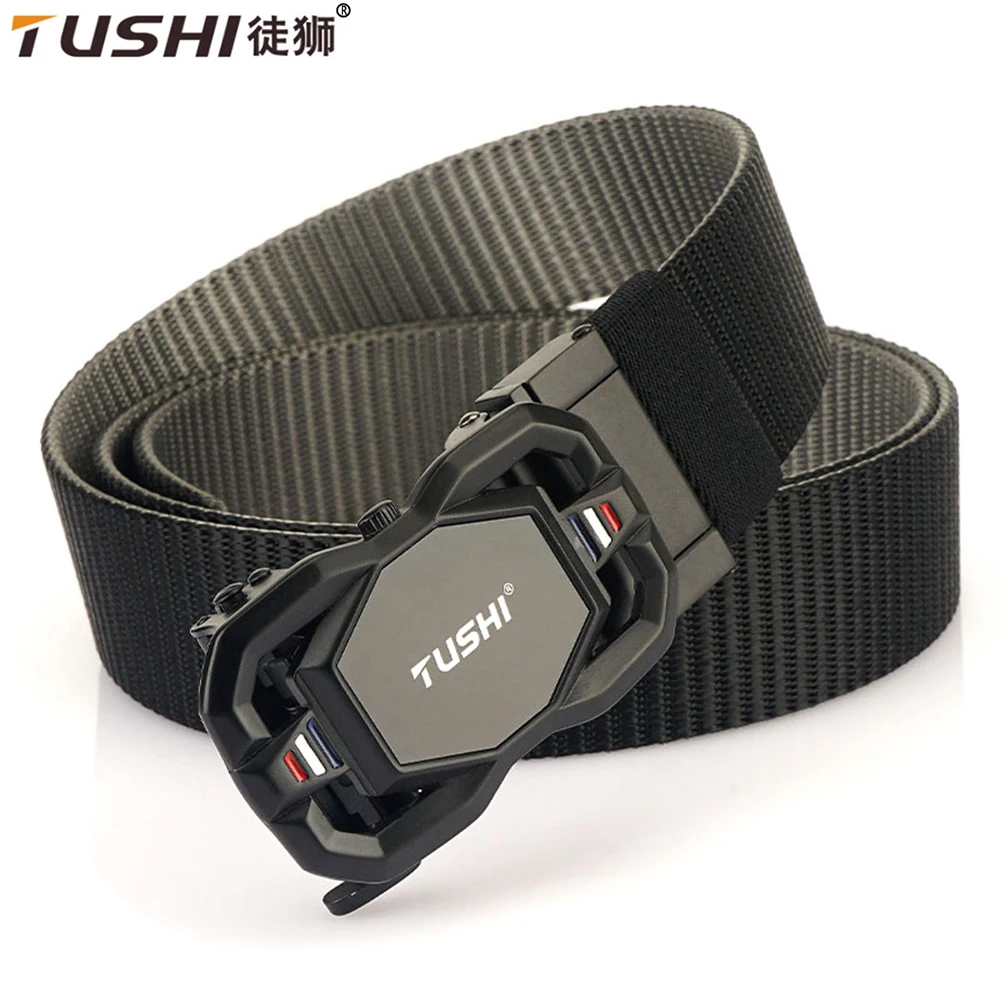 TUSHI 3.4cm Casual Belt for Men Hard Metal Automatic Buckle Tactical Outdoor Waistband Tight Nylon Jeans Black Belt Male Gift