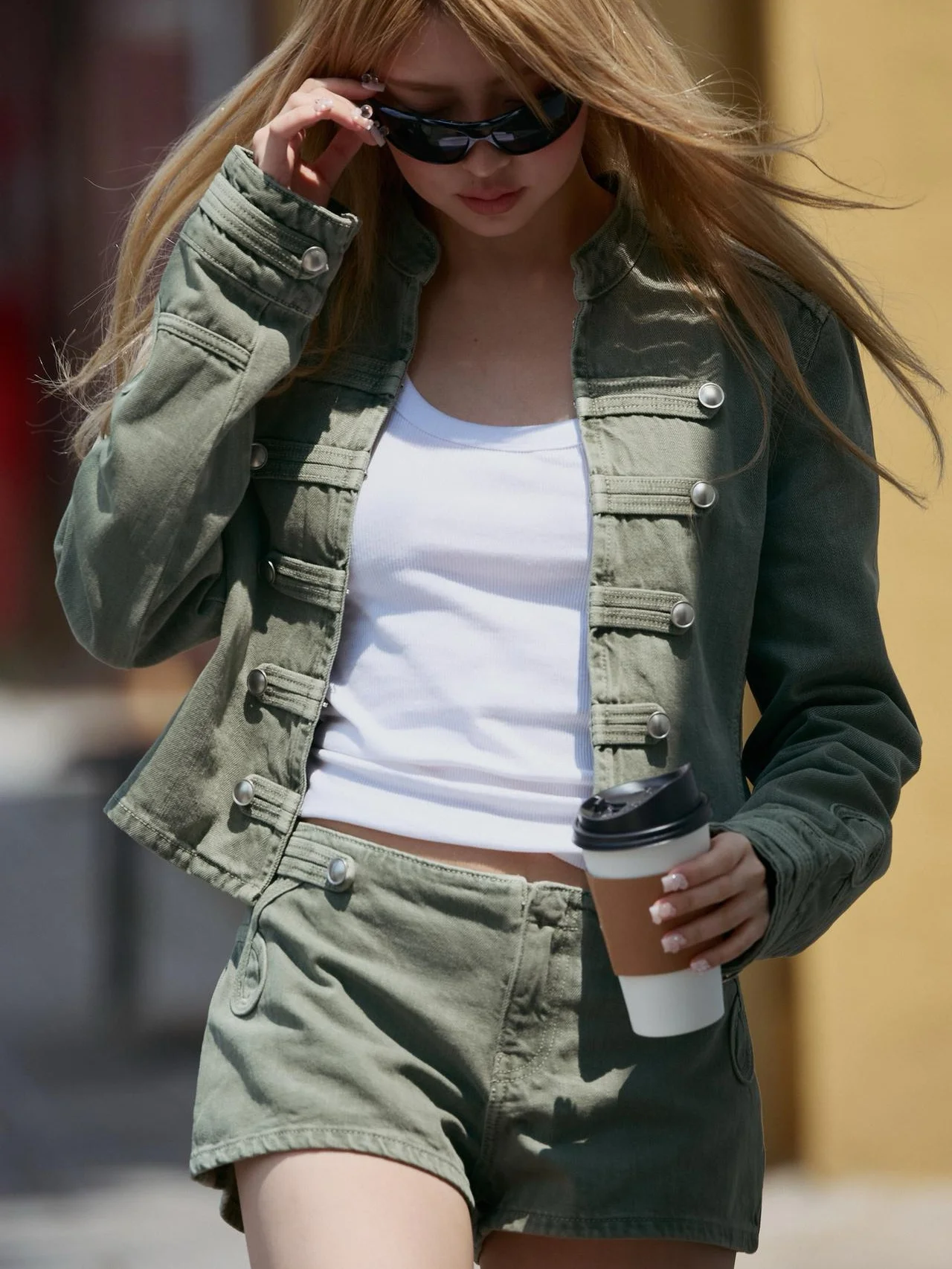 Women's Army-green Mini Shorts, Y2K Denim Style Military-green Low-rise Buttoned Mini Shorts, Trend Short Shorts For Summer 2026