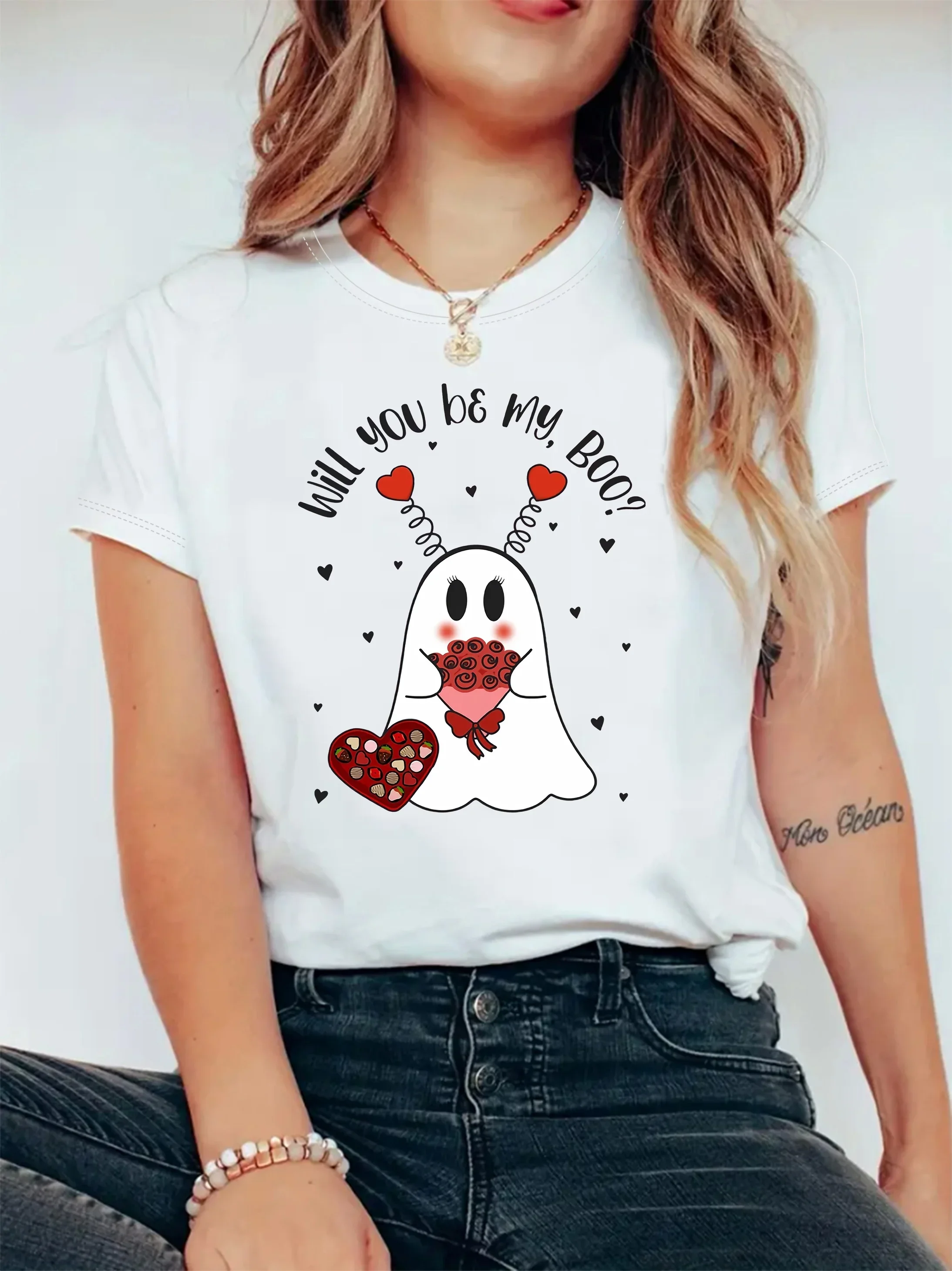 T-shirt con stampa fantasma dei cartoni animati, Top Casual girocollo manica corta per l'estate e la primavera, abbigliamento