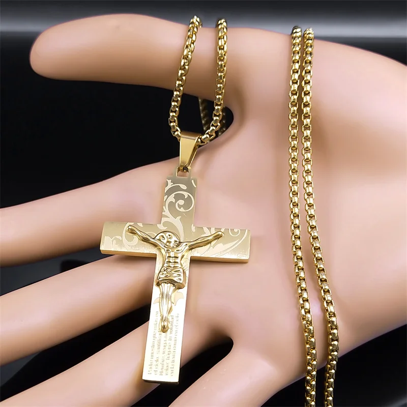 يسوع الصليب الصليب قلادة للنساء الرجال الفولاذ المقاوم للصدأ الذهب اللون الصلاة الدينية المعمودية القلائد مجوهرات colares N2352S