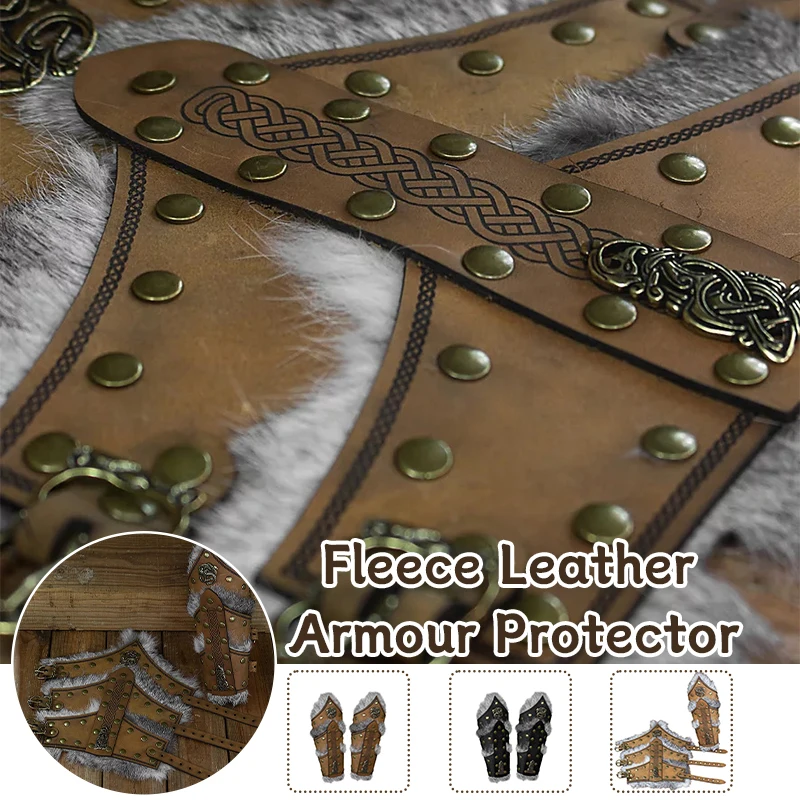 2 Pcs Medieval Renaissance PU Leather Armor Arm Warmers Velvet Fur Lace-Up Viking Knight Gauntlet Wristband Bracer Cosplay Props