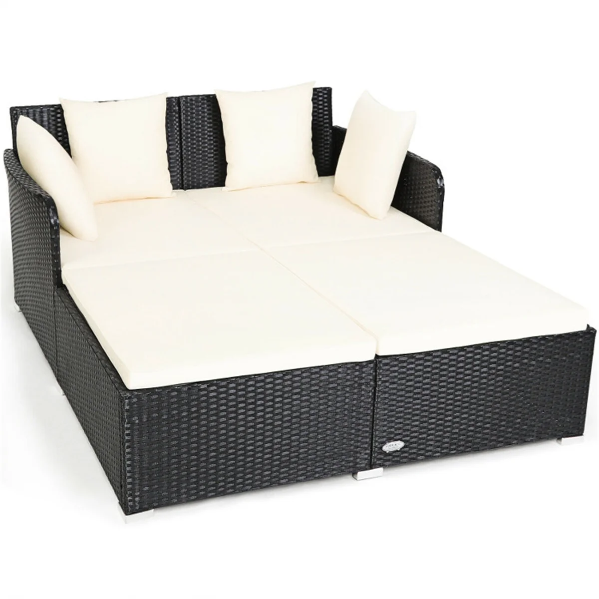 

White Outdoor Rattan Daybed with Upholstered Cushions Metal Bed