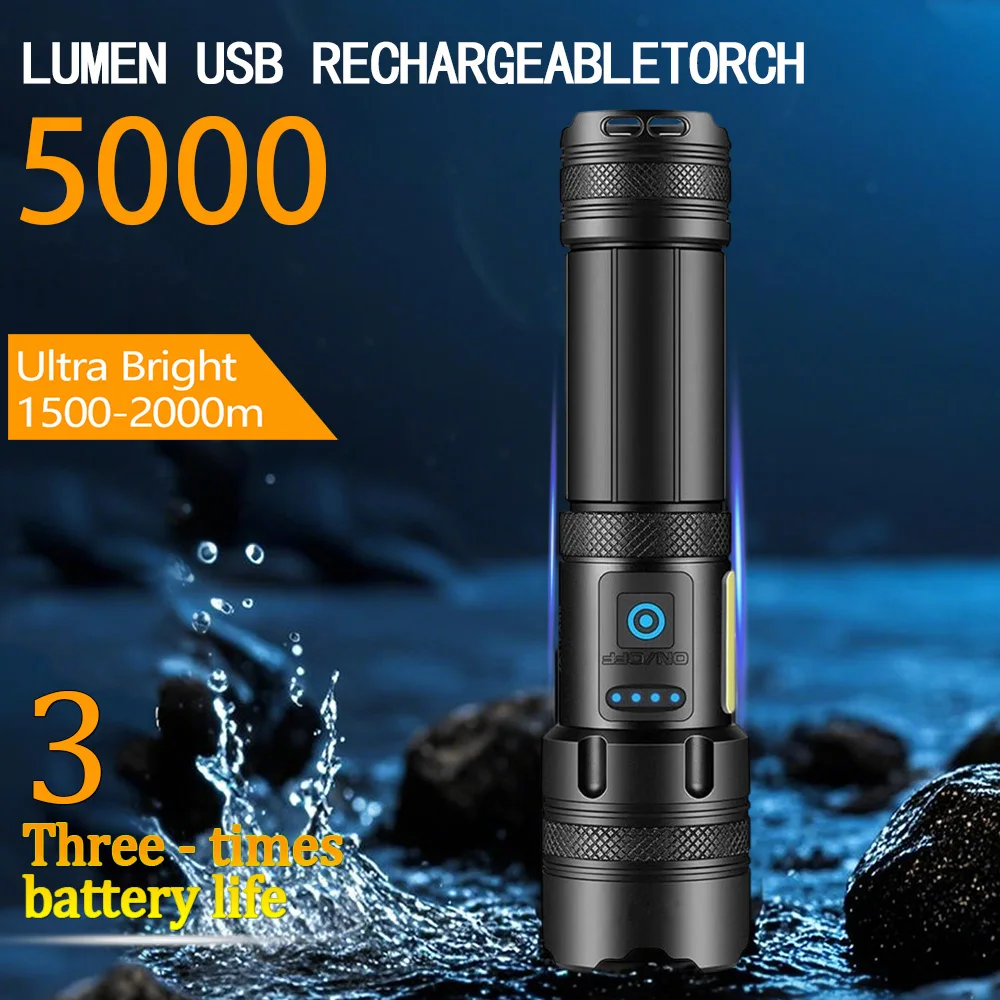 مصباح يدوي LED عالي الطاقة، متعدد الوظائف، مصباح يدوي فائق السطوع، مصباح شعلة LED، كشاف أمامي قابل لإعادة الشحن عبر USB