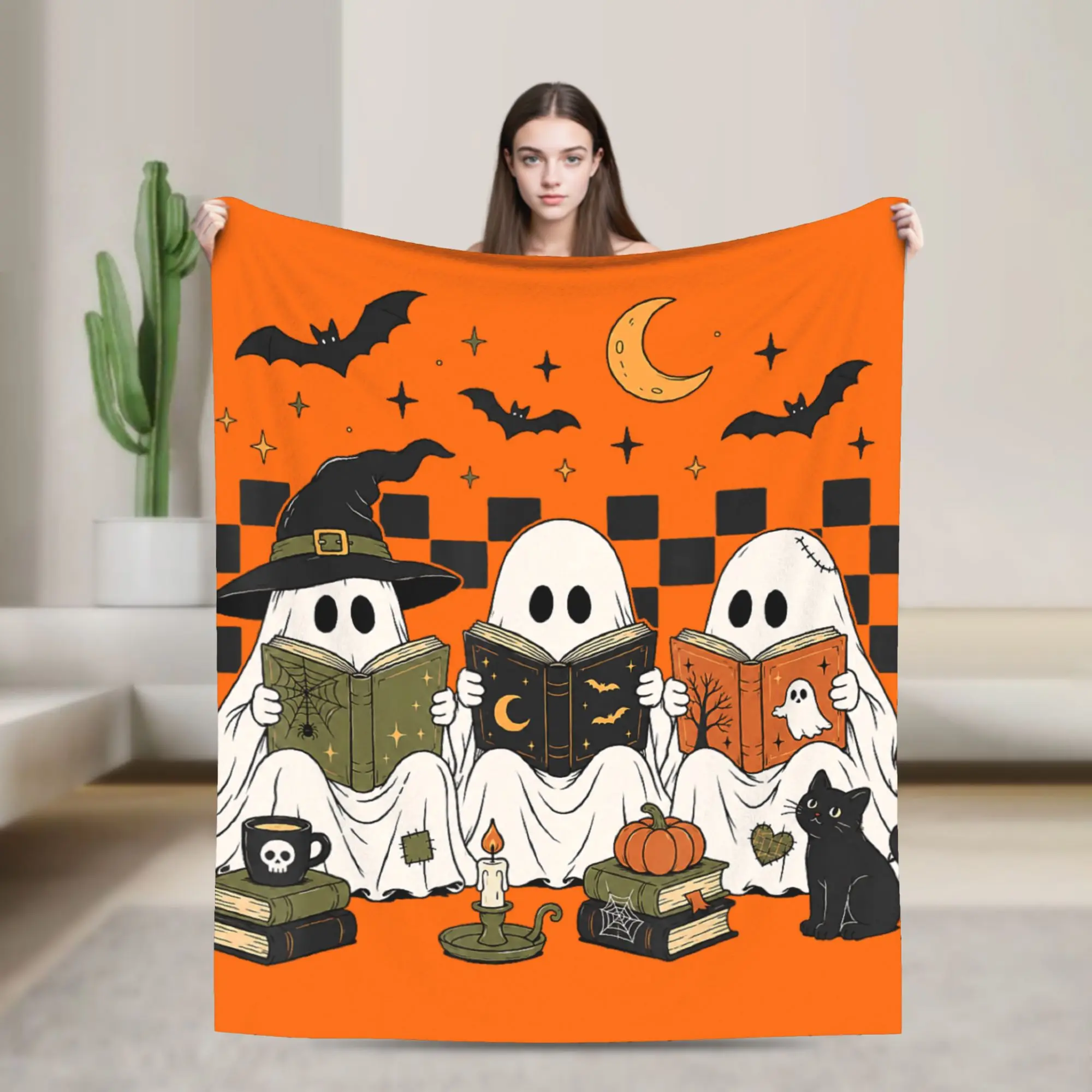 Halloween Ghost Reading Books Witch Cat Blanket Cover Fleece  Soft Throw Blankets for Bedding Couch Bed Rug