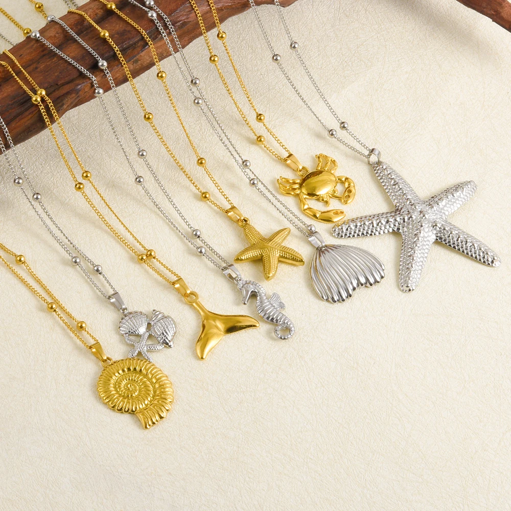 1Pc Waterproof Ocean Starfish Conch Shell Mermaid Tail Women Collares Stainless Steel Kawaii Crab Seahorse Necklaces Jewelry