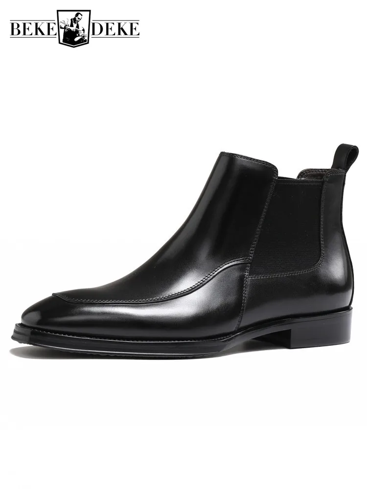 New Autumn Office Men Business Casual Dress High Top Shoes Slip On Square Toe Handmade Gentleman Genuine Leather Chelsea Boots