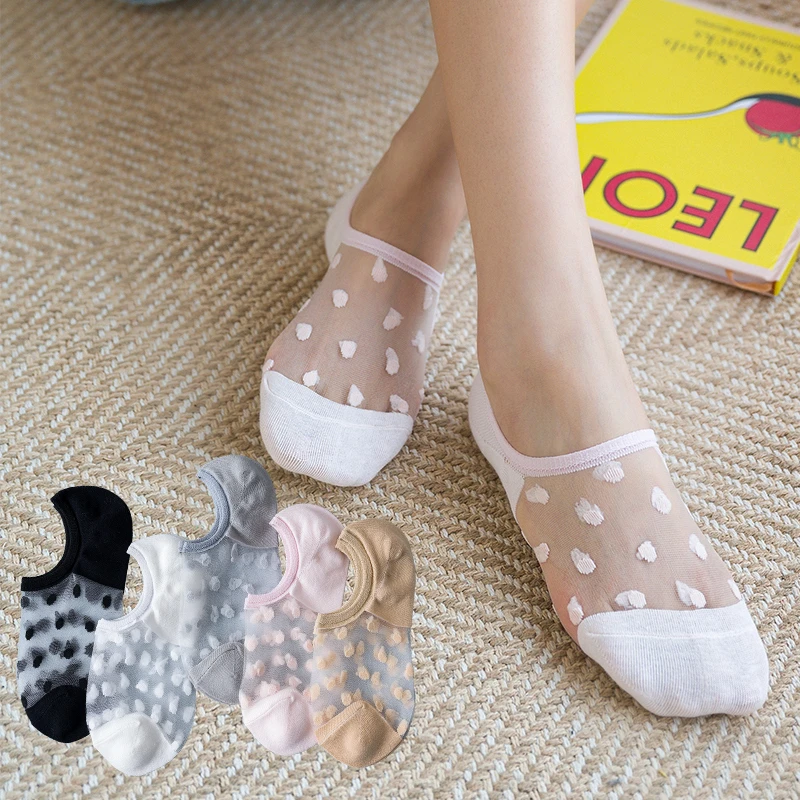 

5 Pairs Women Kawaii Boat Socks Summer Casual Invisible Solid Color Dot Socks Crystal Silk Transparent Breathable Short Socks