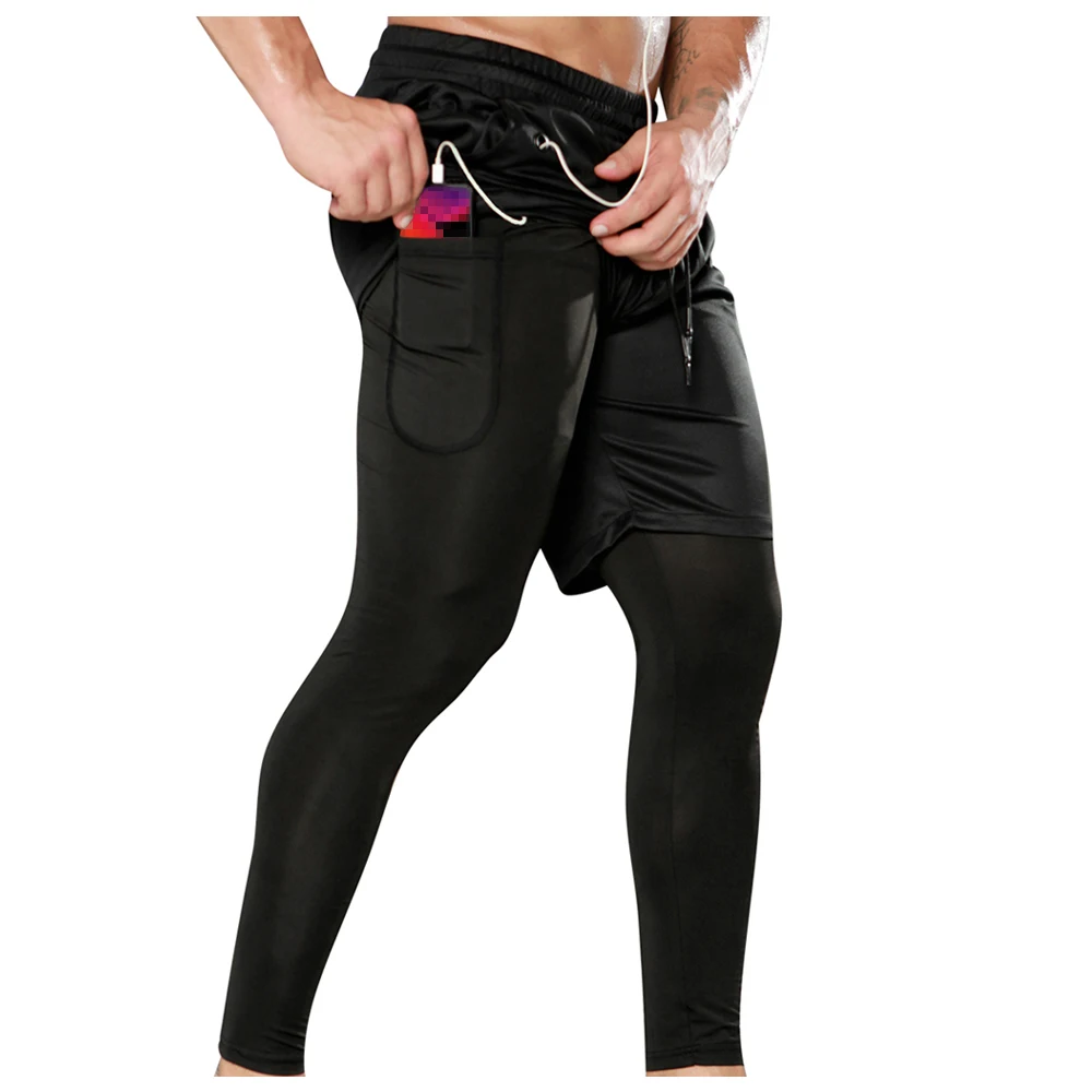 Calças de corrida dos homens aptidão esportiva treinamento legging secagem rápida treino esporte jogging dupla camada calças de fitness masculino