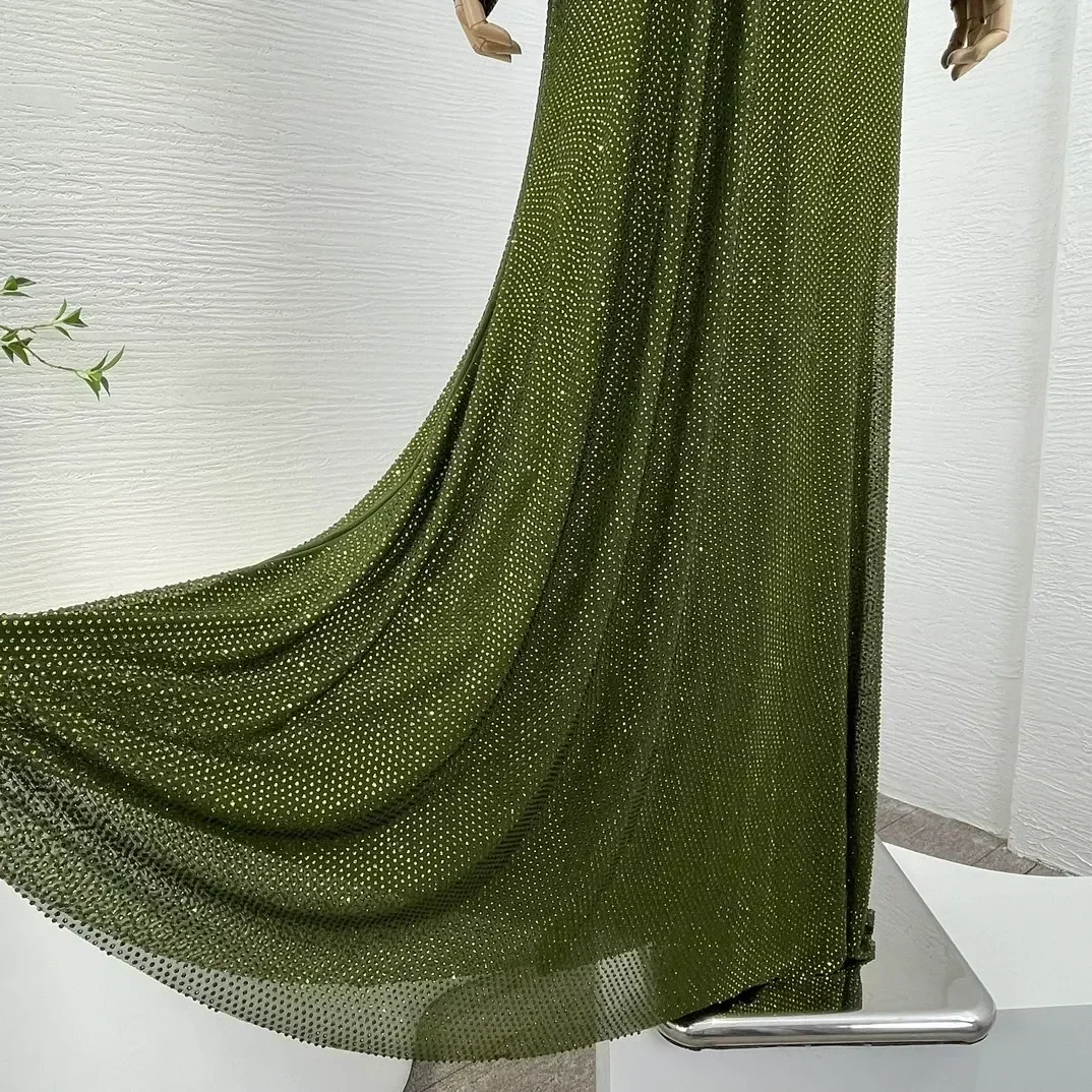 Vestido de manga cheia recortado com diamante verde feminino, cintura luxuosa, sereia longa, dobras drapeadas, sexy, festa, 2022