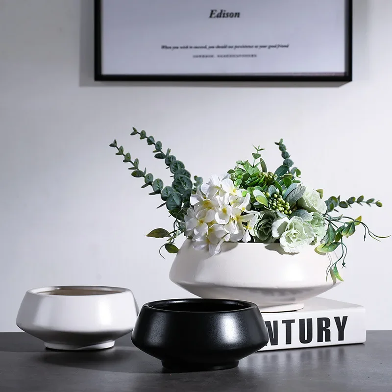 Ceramic Flowerpot Wide Mouth Circle Pot Container Flower Pot Vase Succulent Plant Pot Bowl Plant Accessories Garden Pots