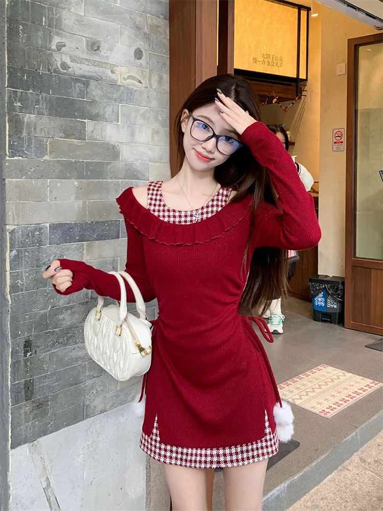 Plaid Patchwork Knit Dress for Women Autumn Sweet Ruffles Long Sleeve Mini Dress Y2K Korean Slim Preppy Splicing Vestidos Mujer