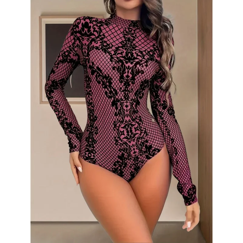 

Creative printed round neck long-sleeved women's autumn and winter slim-fit jumpsuit, casual women's street style