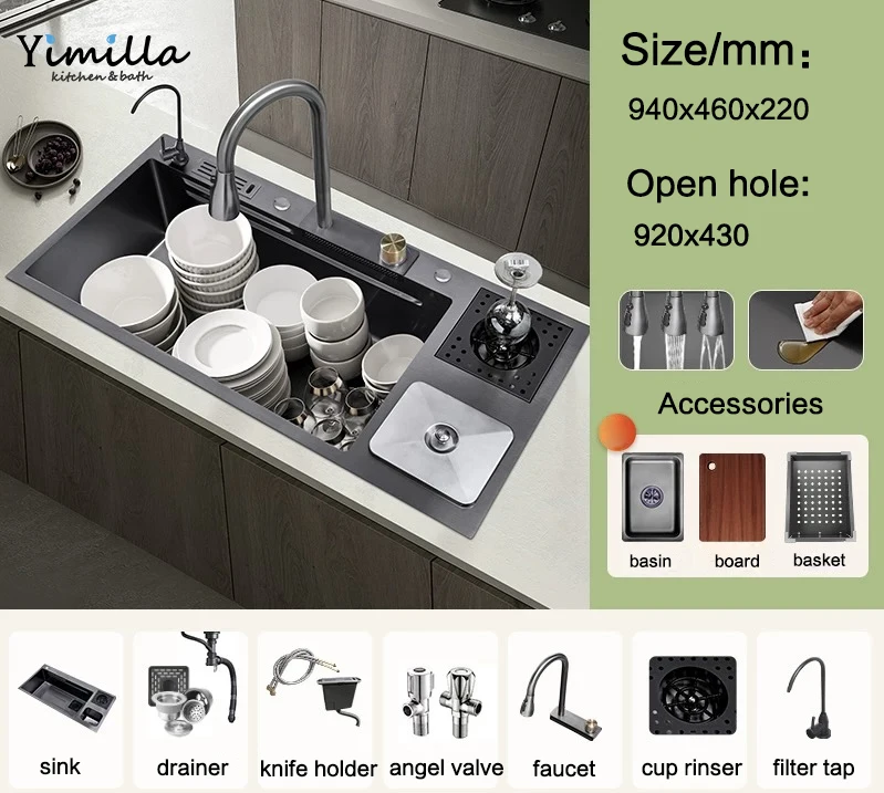 New Design Large Size Handmade Waterfall Kitchen Sink Stainless Steel Sinks Function Kitchen Multi-functional Sink