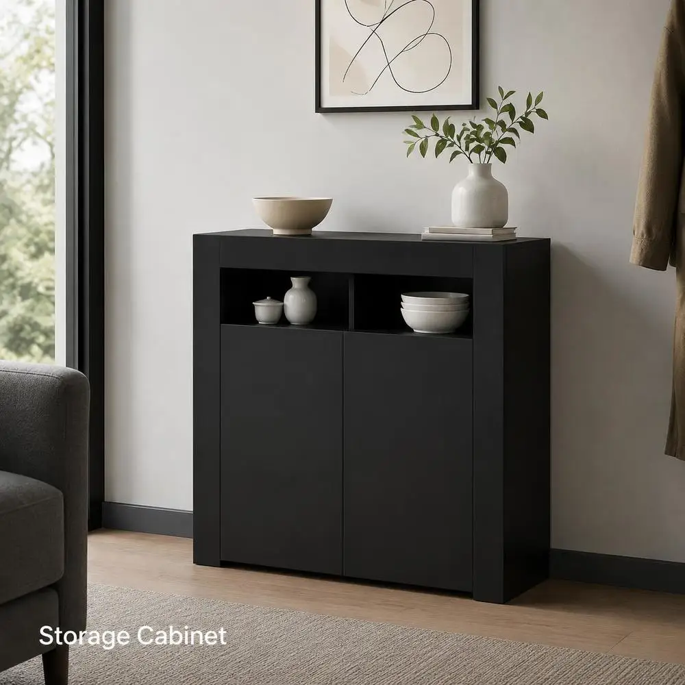 Buffet moderne noir, meuble de rangement en bois, console de présentation pour salon et entrée, 80x35x75 cm