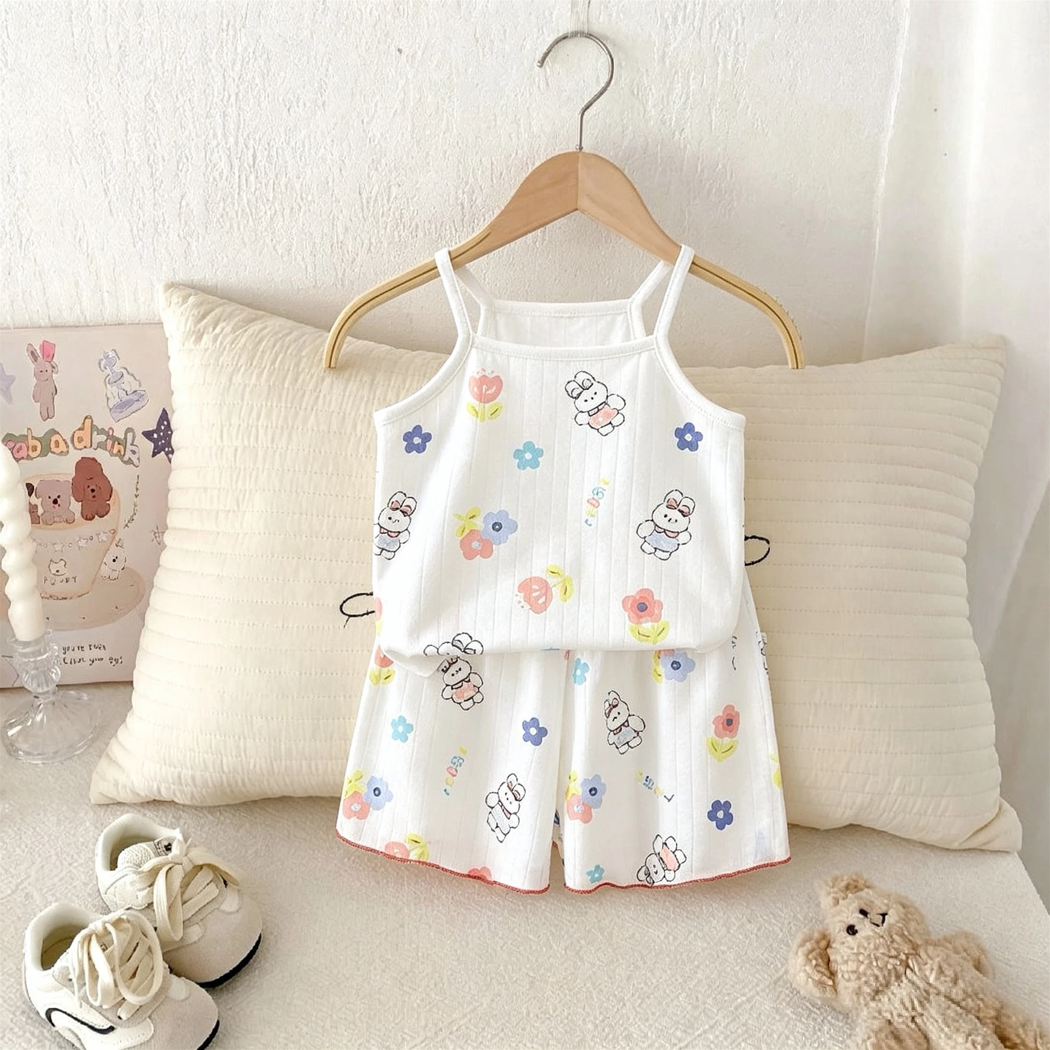 Summer Baby Girl Home Clothes Two Piece Set Simple Casual Kids Sling + Shorts Children Pajamas Set Kids Clothing Leisure Suit