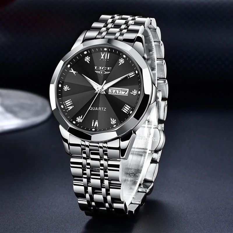 LIGE Luxury Man Watch Outdoor Casual Sport Calendar Week Quartz Watches Fashion Luminous Waterproof Stainless Steel Mens Watch