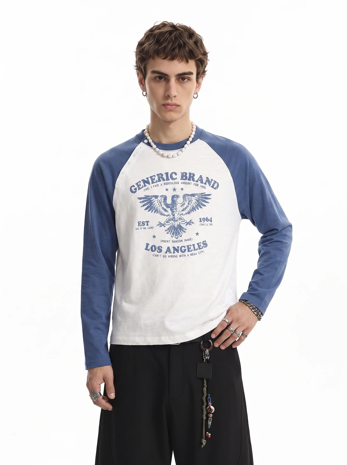 American Style Long Sleeve T-Shirt Men's Vintage Contrast Color Print Casual Loose Fit round Neck Pullover Autumn Top