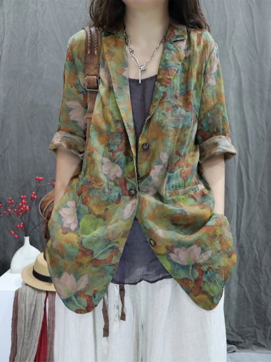 

Women's Summer New Hemp Print Retro Loose Personali Casual Versatile Mid-Sve Suit Commute Sle Regular Sve Length