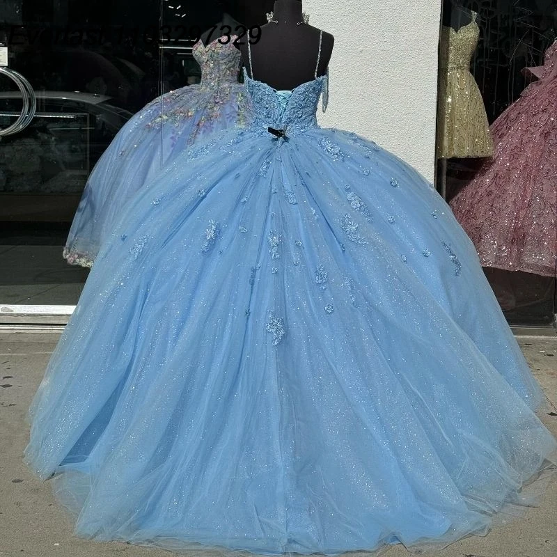 EVLAST abito Quinceanera blu lucido abito da ballo 3D Applique floreale perline Spaghetti messico dolce 16 Vestido De 15 Anos TQD621