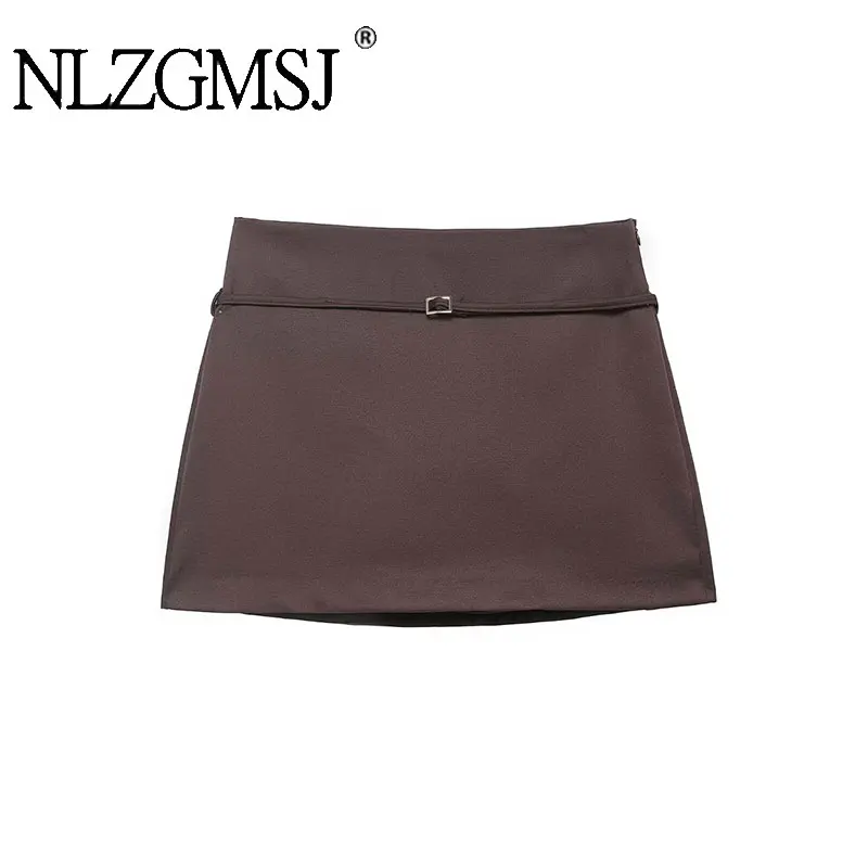 NLZGMSJ Rok Wanita Kasual Vintage Rok Pendek Ramping Ritsleting Coklat Mode Baru 2026 Rok Wanita Mini Liburan Musim Semi Musim Panas