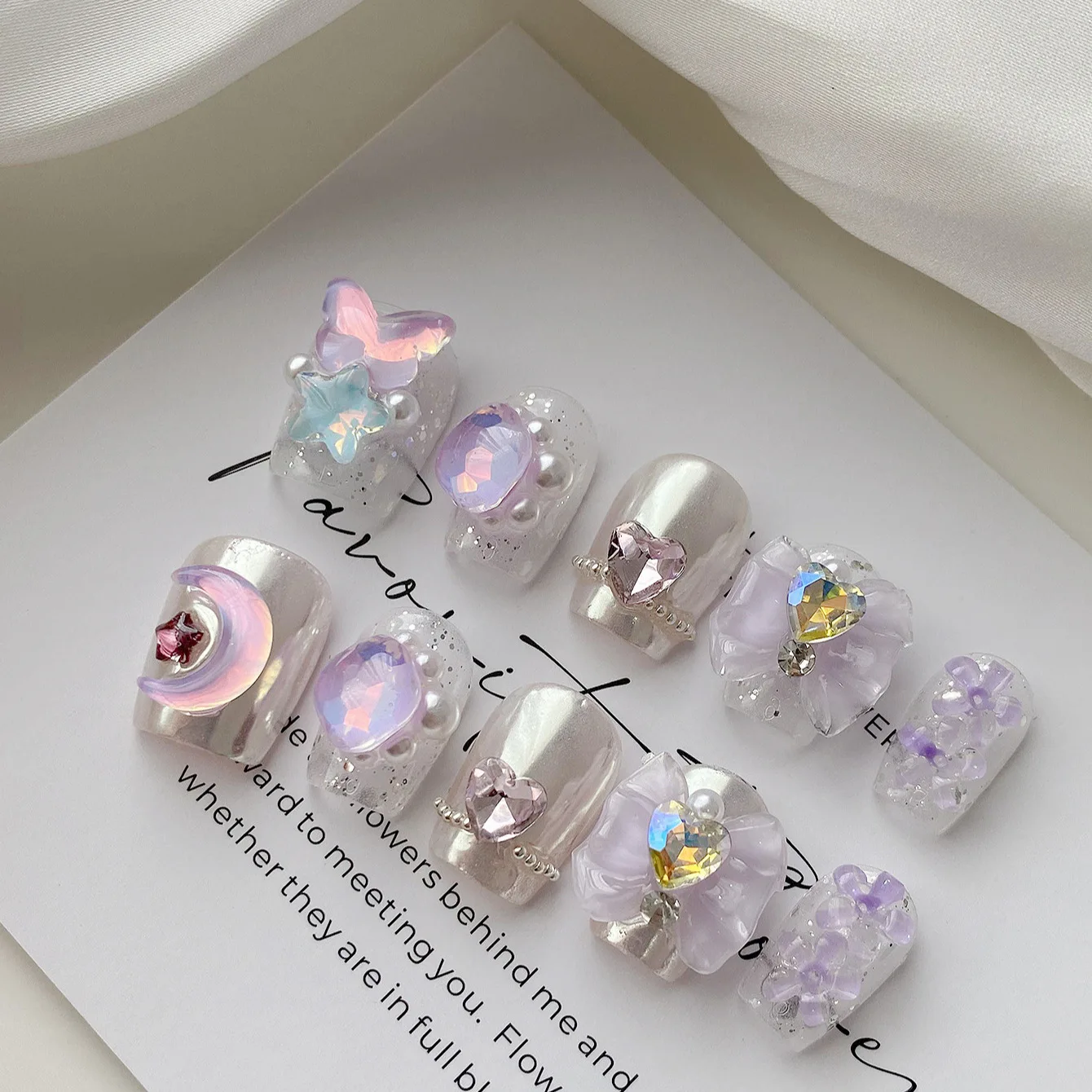 10 Pieces Violet Dream Press On Nails Handmade Dopamine Purple Glitter Diamonds False Nail Patches Removable