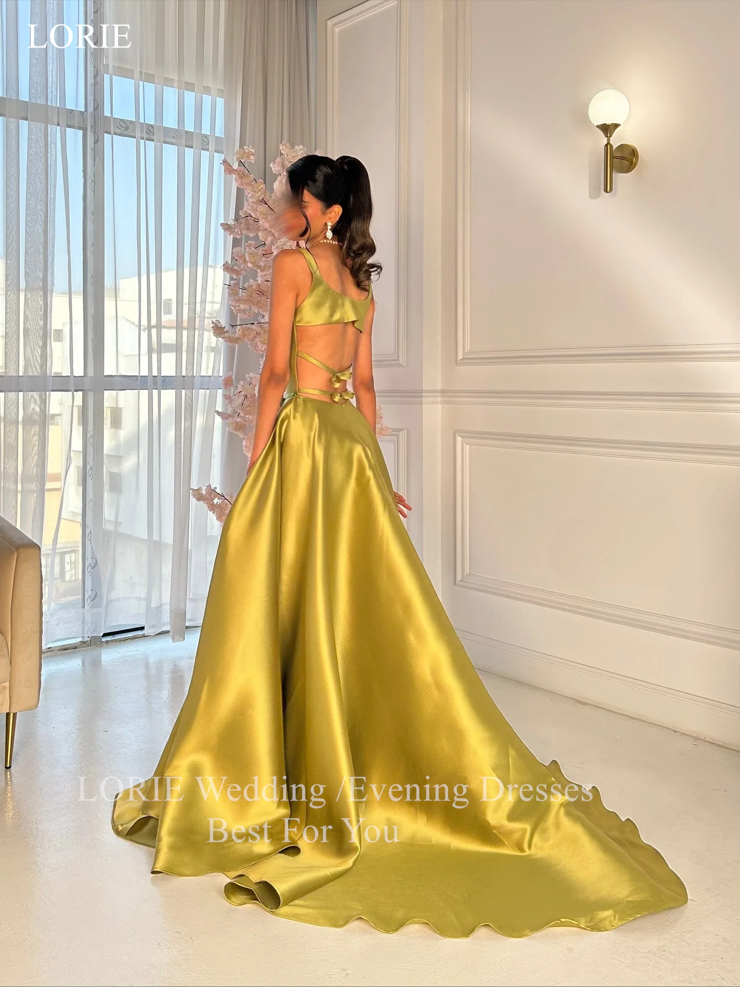 

LORIE Charming Backless Satin Party Dresses Spagetti Strap Sleeveless Evening Prom Dress Draped A-Line Prom Gown Customized