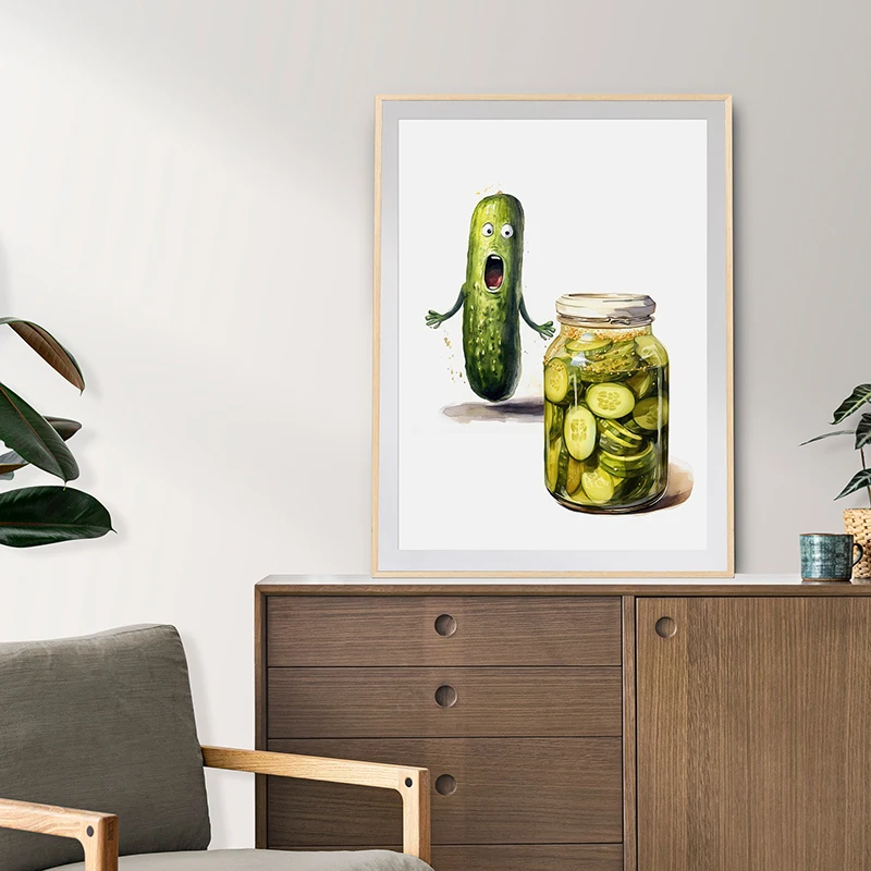 Cucumber Pickle Art Canvas Painting Whimsical Funny Poster Pickle Watercolor Print Wall Art Picture for Kitchen Home Decoration