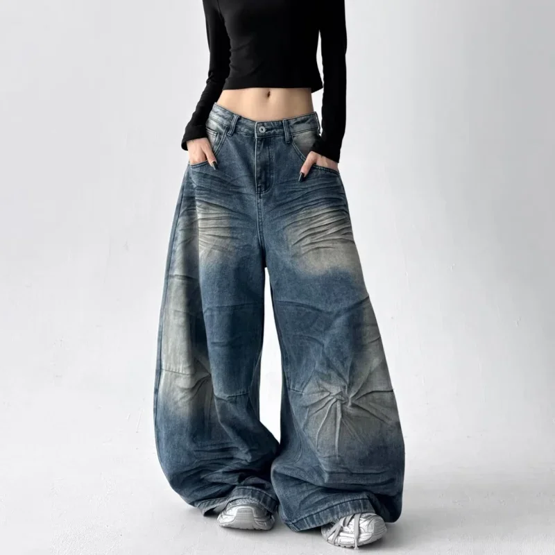 

Женские джинсы-багги в стиле ретро Y2K, синие, с эффектом потертости, широкие штанины, уличная одежда, свободные джинсовые брюки, 2026