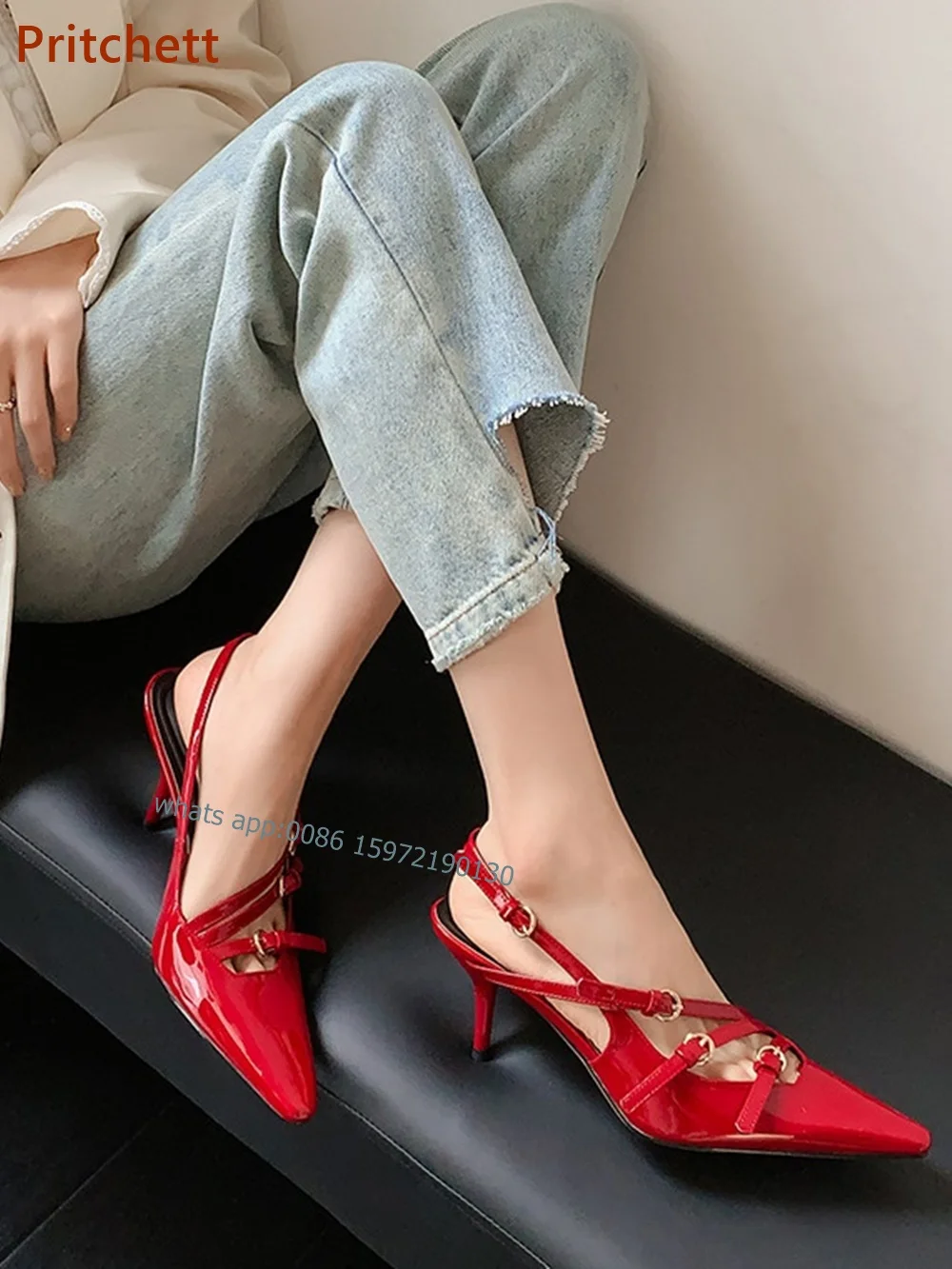 

High Heel Buckle Strap Pumps Pointy Toe Patent Leather Solid Red Sandals Belt Decoration Slingback Stiletto Dress Shoes Summer