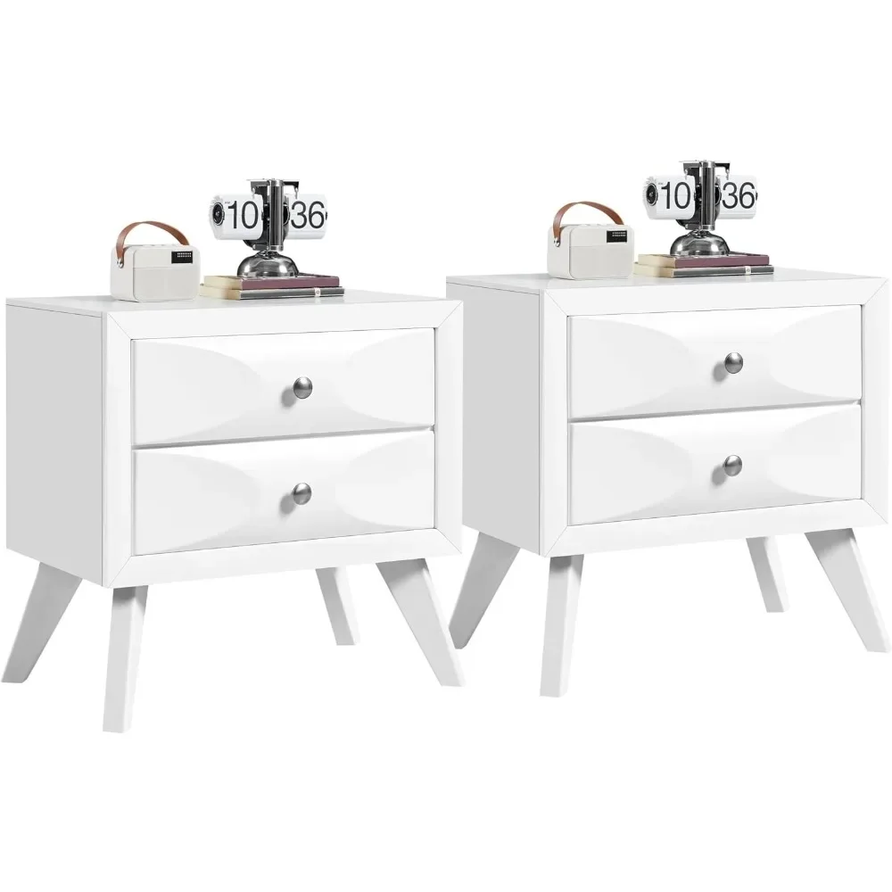 Almost Fully-Assembled Nightstands with 2 Drawers and Solid Wood Legs, Large Bedside Tables with Storage