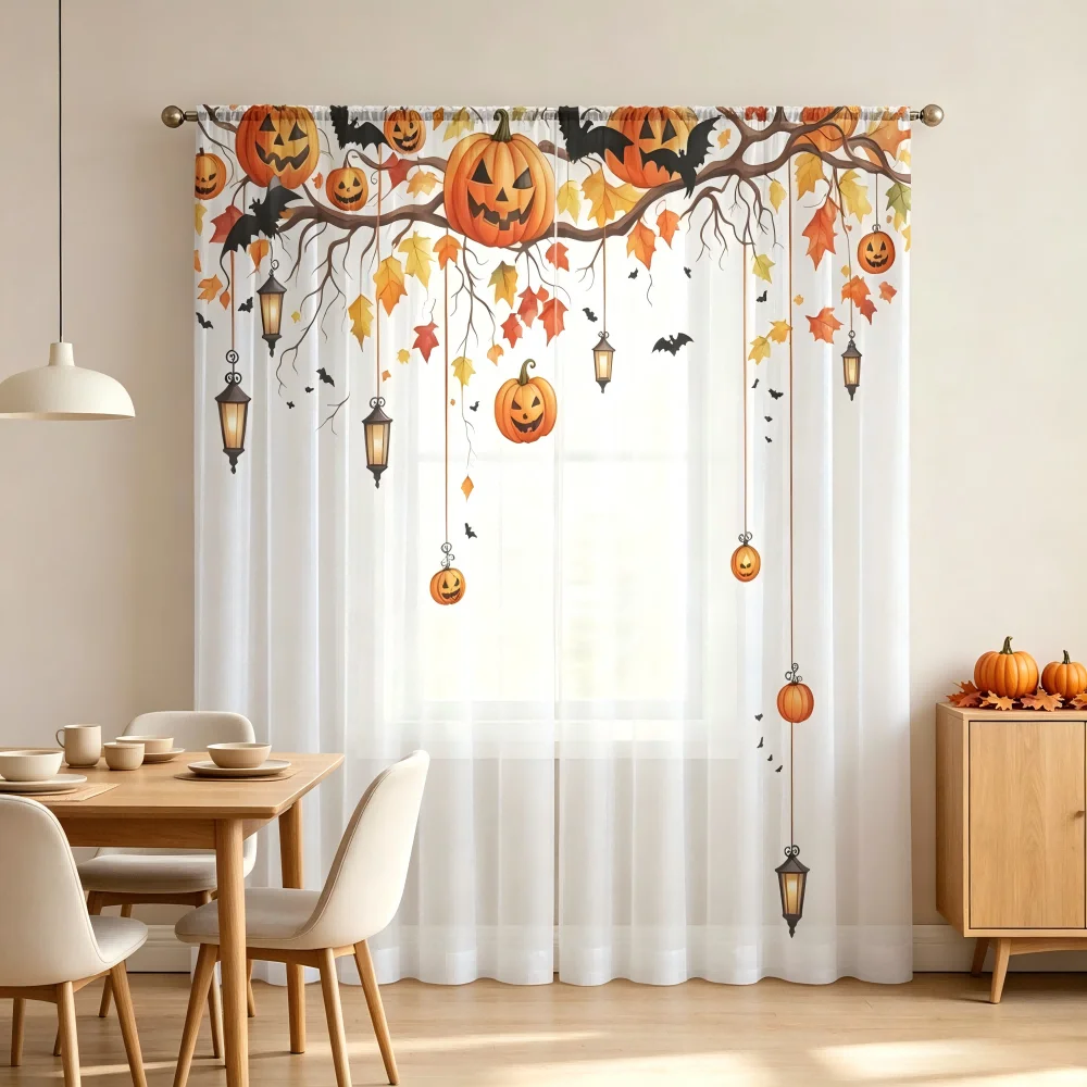 2PCS Digital Print Sheer Curtain, Pumpkin Chandelier, Halloween Spooky Holiday - Voile Drapes for Bedroom Living Room Decor